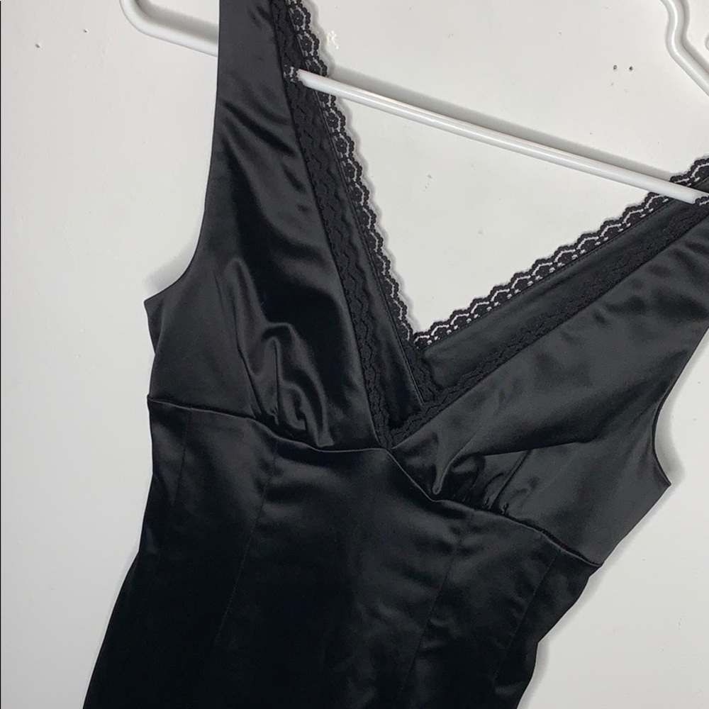 Bebe black silky dress with lace trim